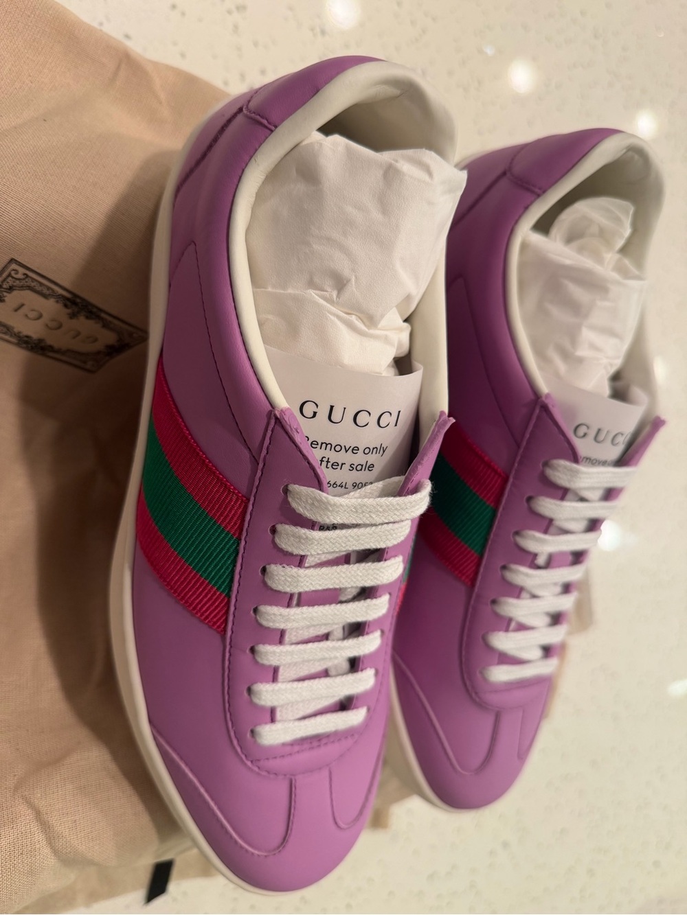 Gucci Lavender Leather Sneakers with Green and Red Web. Dali Soft NS GG Wisteria